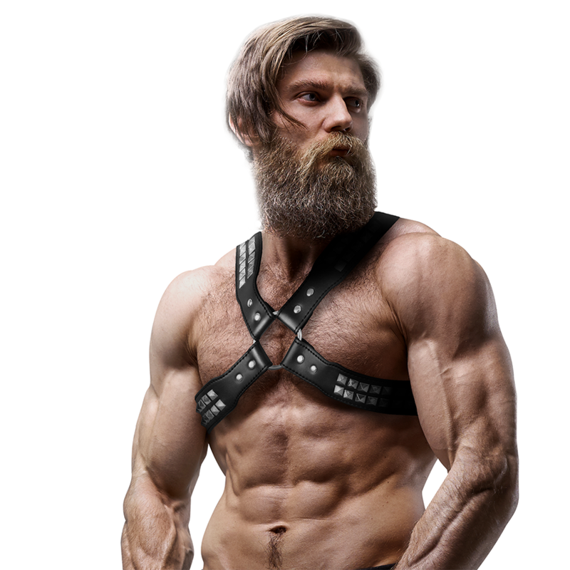 FETISH SUBMISSIVE ATTITUDE - HERREN-HALSBAND AUS ÖKOLEDER MIT GEKREUZTER BRUST UND NIETEN