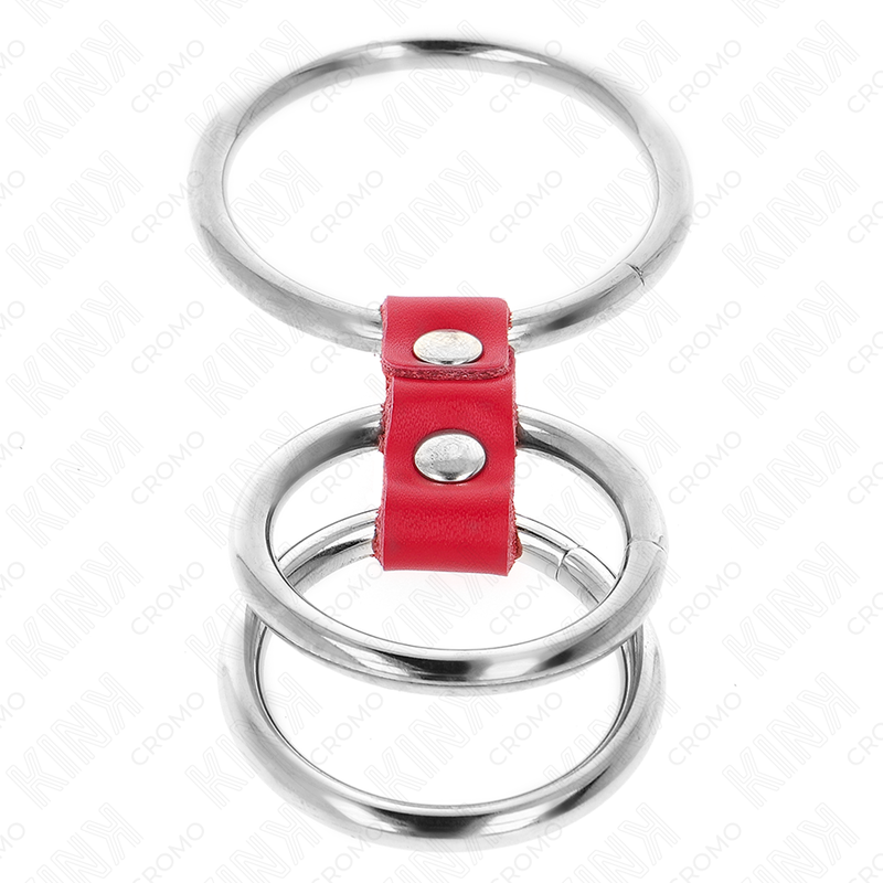 KINK - DREIFACH METALL PENISRING 3,7 CM BIS 5 CM VERBUNDEN MIT ROTEM LEDER