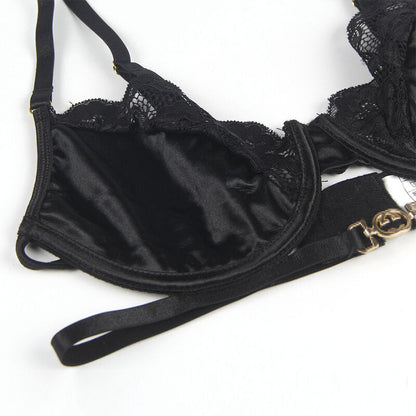 SUBBLIME - 3-TEILIGES SET BH + STRING + STRUMPFBAND AUS SPITZE SCHWARZ L/XL