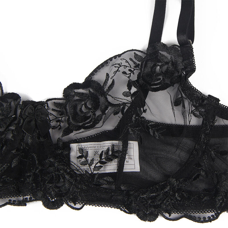 SUBBLIME - 3-TEILIGES SET BH + STRING + STRUMPFBAND BLUMENPRINT SCHWARZ L/XL