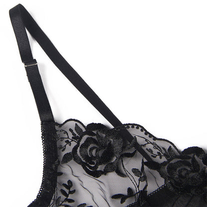 SUBBLIME - 3-TEILIGES SET BH + STRING + STRUMPFBAND BLUMENPRINT SCHWARZ L/XL