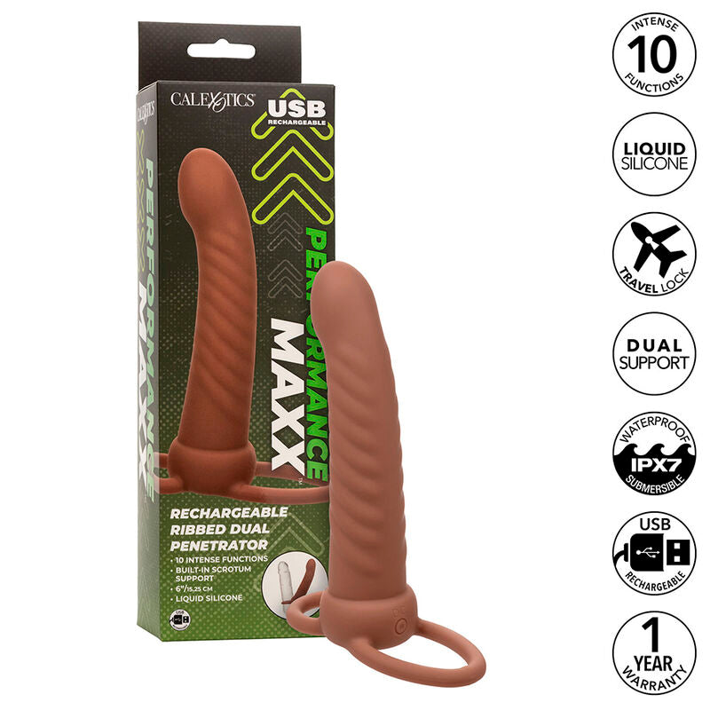 CALEXOTICS - MAXX RIBBED DUAL PENETRATOR 10 VIBRATIONEN BRAUN