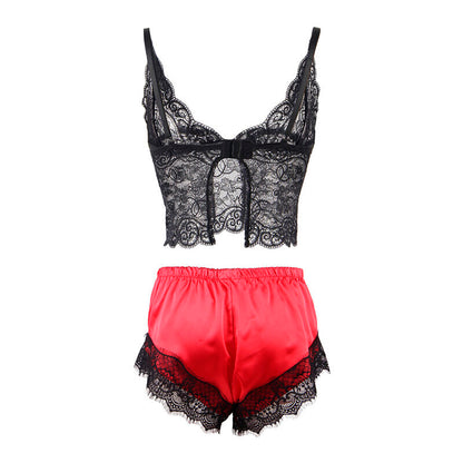 SUBBLIME - 953959 LÄSSIGE SEIDENNACHTHEMD + SPITZENHOSE SCHWARZ/ROT S/M