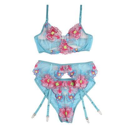 SUBBLIME - 954109 BH + HÖSCHEN MIT STRUMPFGÜRTEL BLUMENDESIGN BLAU S/M