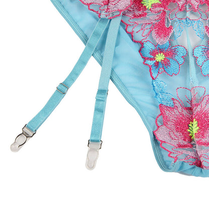 SUBBLIME - 954116 BH + HÖSCHEN MIT STRUMPFGÜRTEL BLUMENDESIGN BLAU L/XL