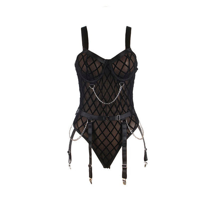 SUBBLIME - 9542277 BODY MIT KETTEN + STRUMPFGÜRTEL SCHWARZ L/XL