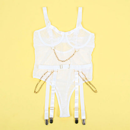 SUBBLIME - 954284 KÖRPER MIT KETTEN + STRUMPFGÜRTEL WEISS S/M