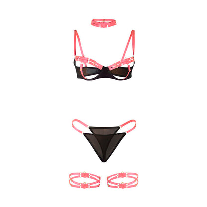 SUBBLIME - 955304 BH-SET MIT HALSKETTE UND BEINDETAILS FLUORESZIERENDES ROSA L/XL