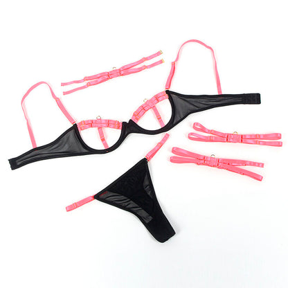 SUBBLIME - 955304 BH-SET MIT HALSKETTE UND BEINDETAILS FLUORESZIERENDES ROSA L/XL