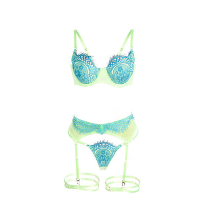 SUBBLIME - 955328 BH-SET MIT SPITZE UND STRUMPFBAND GRÜN UND BLAU L/XL