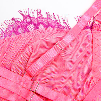 SUBBLIME - 955366 BH-SET MIT SPITZE UND STRUMPFBAND ROSA UND LILA L/XL