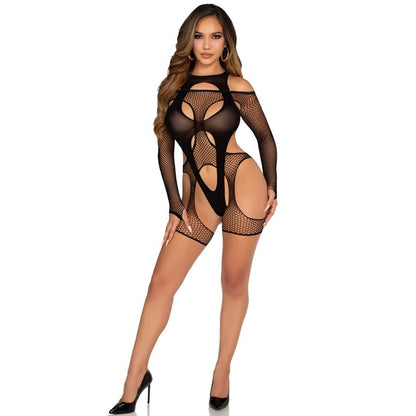 LEG AVENUE - NETZ-BODYSOCKING MIT STRUMPFGÜRTEL UND HARNESS SCHWARZ