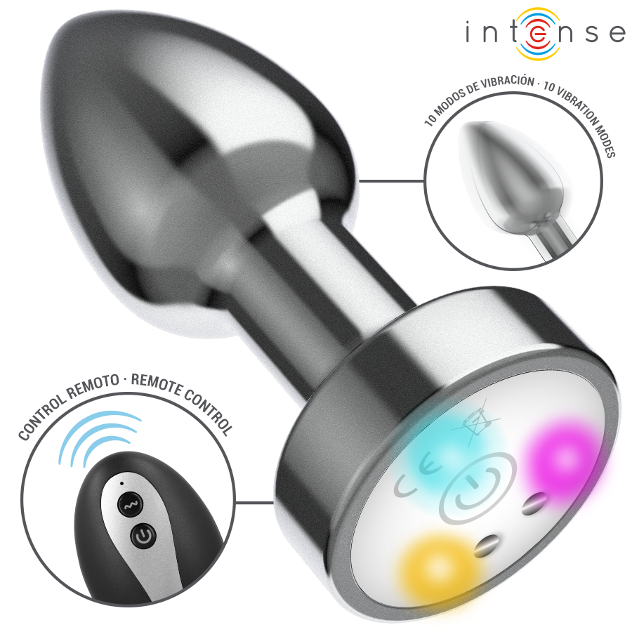 INTENSE - VIBRIERENDER ANALPLUG AUS METALL MIT LED-LEUCHTEN UND FERNBEDIENUNG - GRÖSSE M